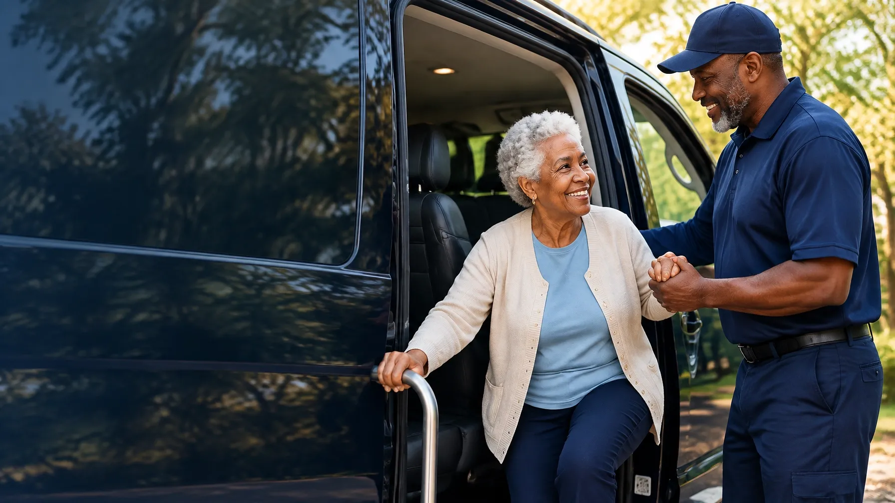 A Sky Wings driver assisting an older passenger beside a passenger van